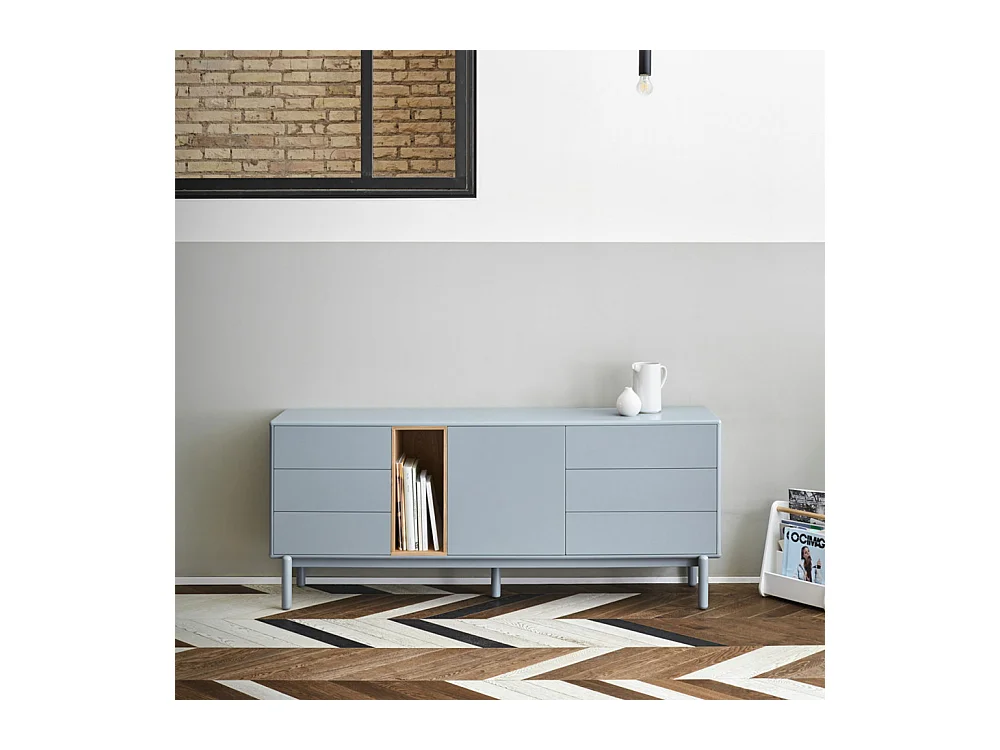 Corvo - Buffet 1 porte 6 tiroirs en bois L180cm : Couleur - Gris clair