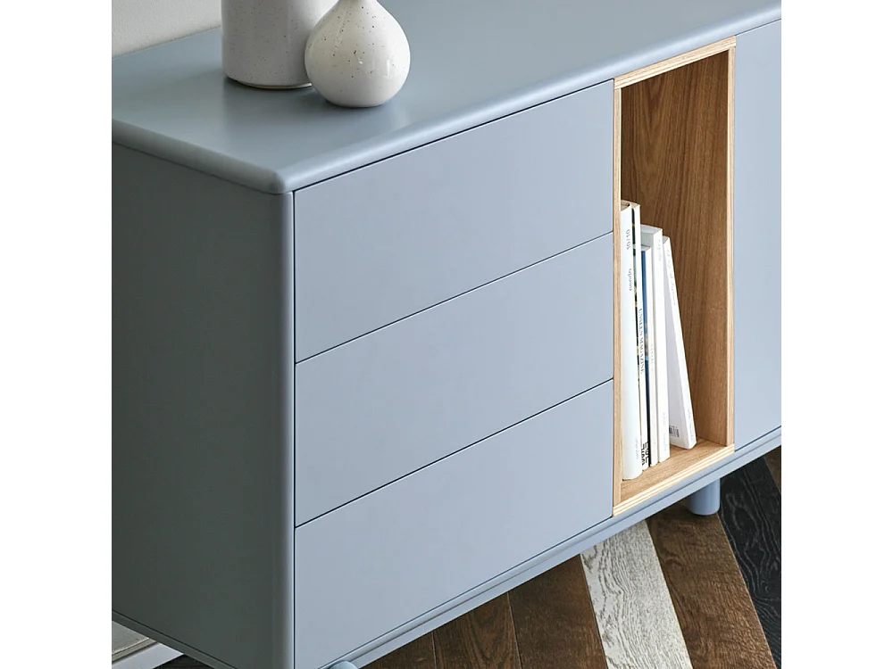 Corvo - Buffet 1 porte 6 tiroirs en bois L180cm : Couleur - Gris clair