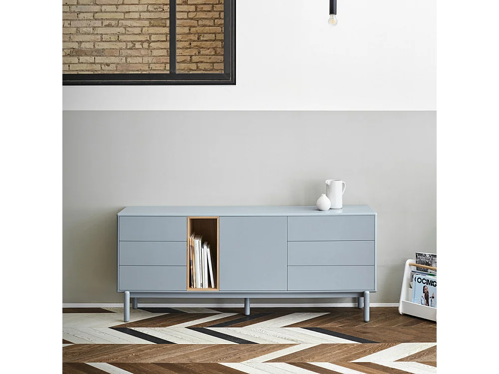 Corvo - Buffet 1 porte 6 tiroirs en bois L180cm : Couleur - Gris clair