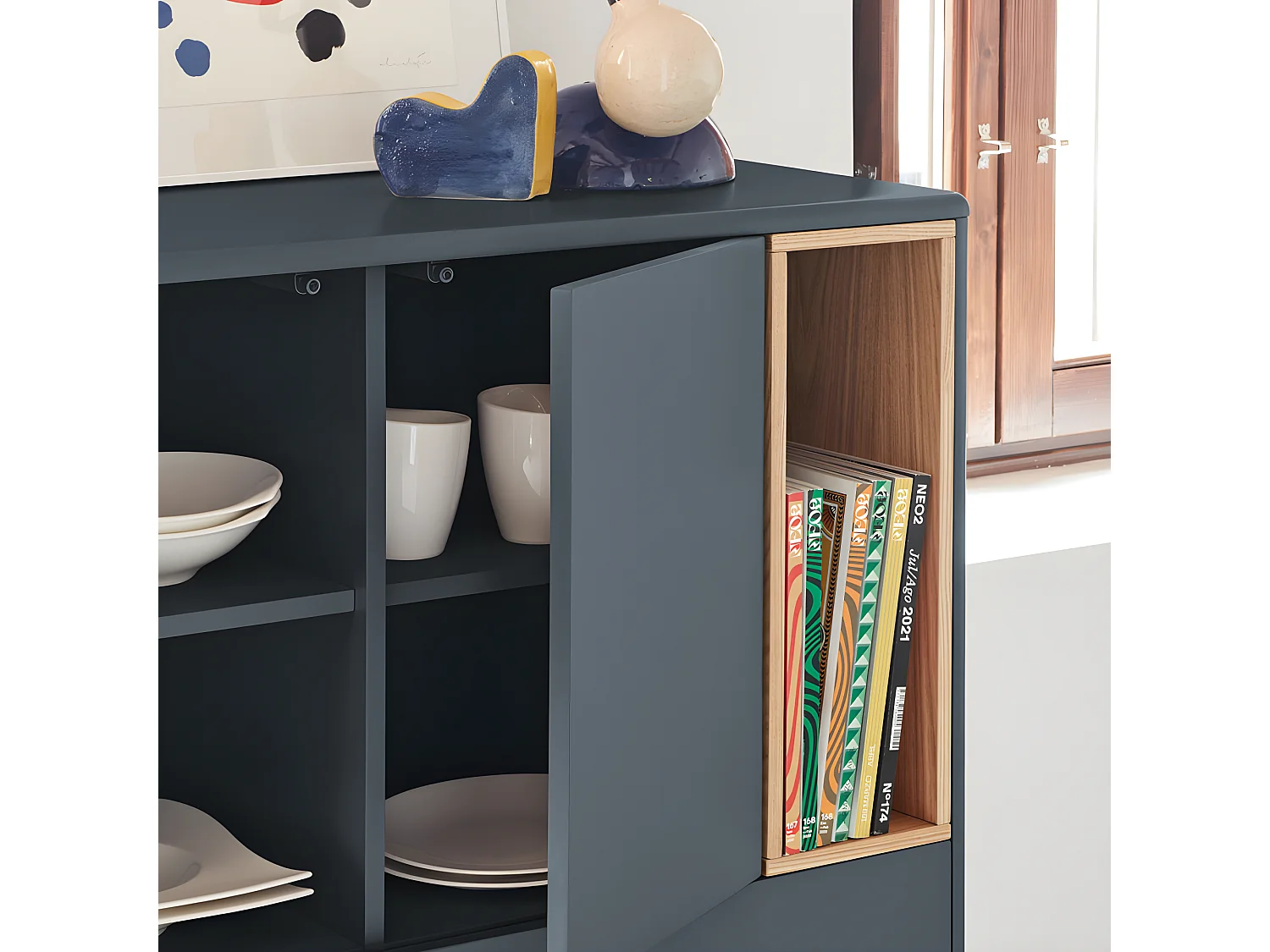 Corvo - Buffet haut 3 portes 3 tiroirs en bois L100cm : Couleur - Gris anthracite