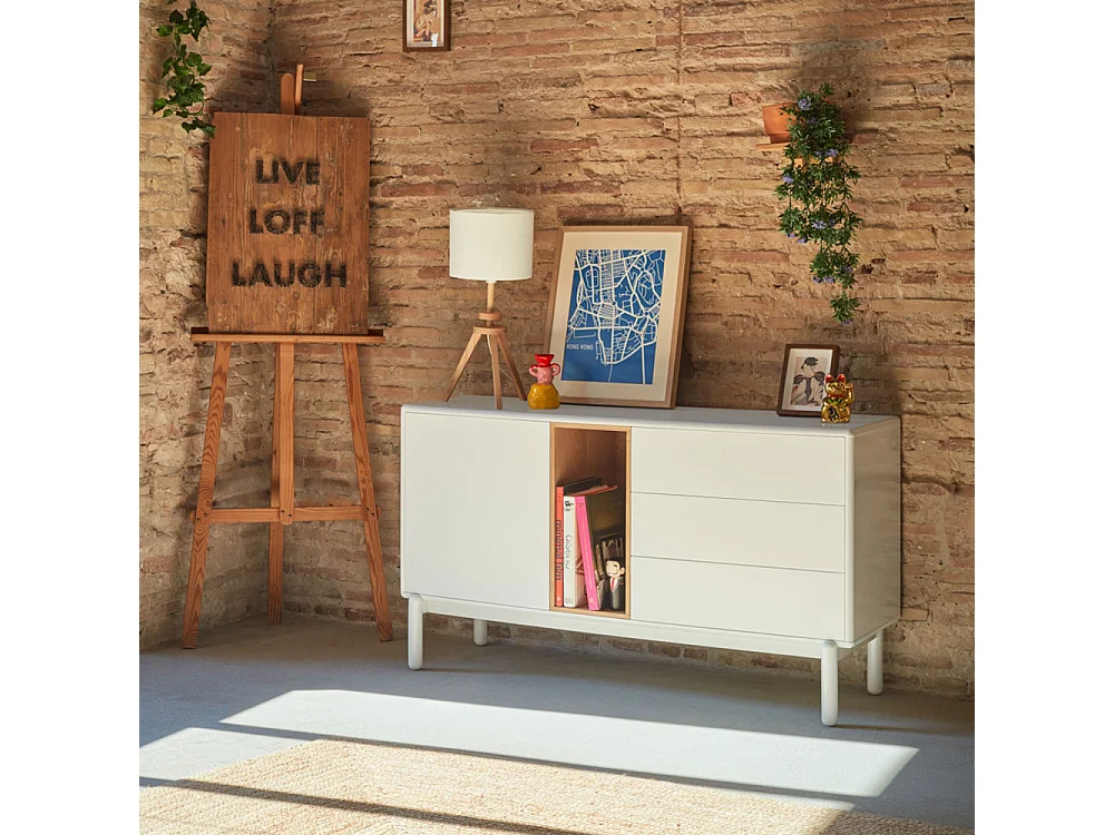 Corvo - Buffet 1 porte 3 tirois en bois L136,8cm : Couleur - Blanc