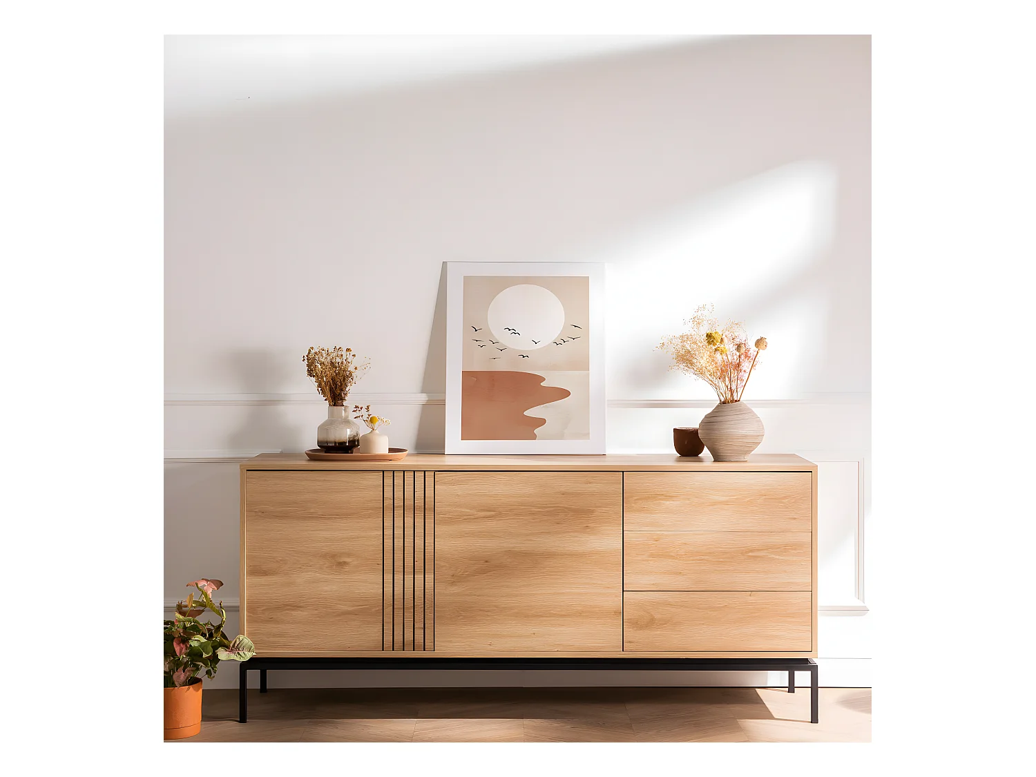 Krokom - Buffet 2 portes 3 tiroirs en bois et métal L180cm : Couleur - Bois clair
