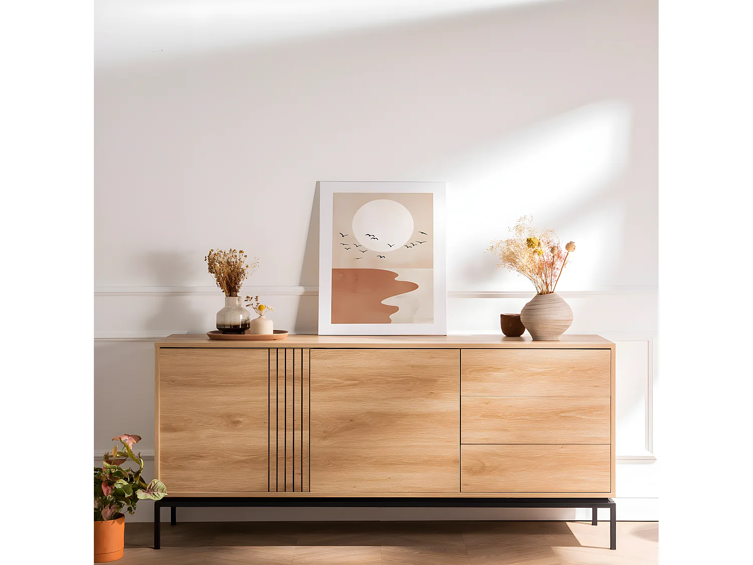 Krokom - Buffet 2 portes 3 tiroirs en bois et métal L180cm : Couleur - Bois clair