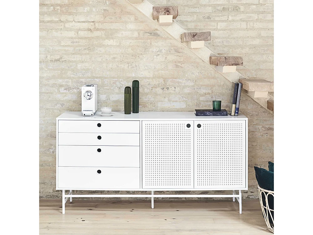 Punto - Buffet en bois 2 portes 4 tirroirs L150cm : Couleur - Blanc