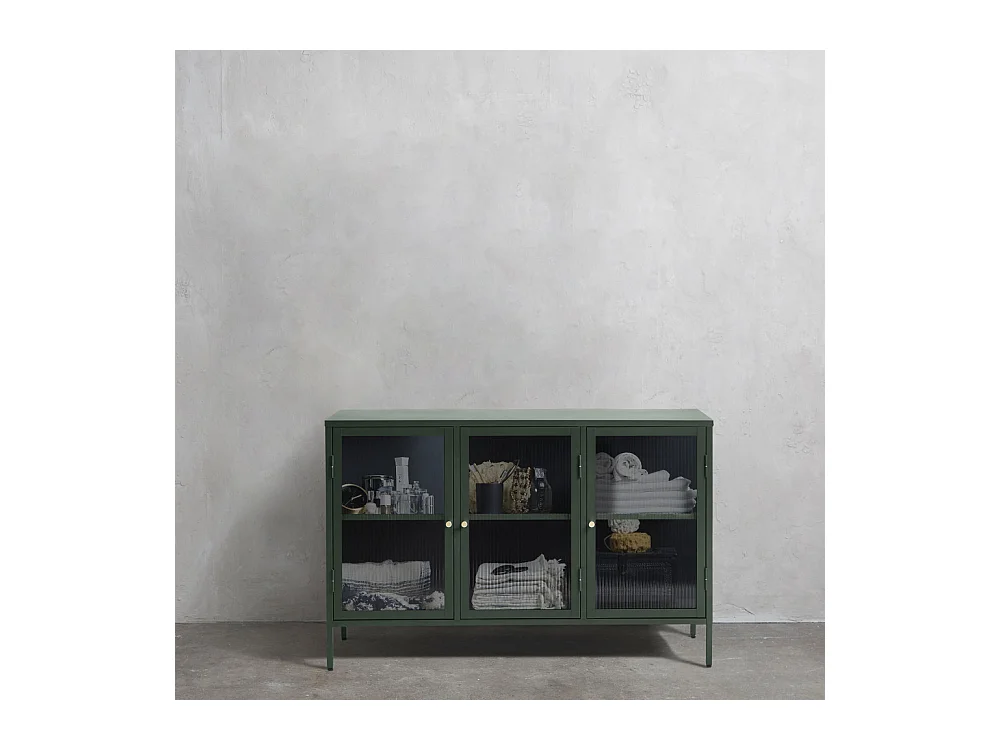 Bjorn - Buffet 3 portes en verre strié et métal L132cm : Couleur - Vert foncé