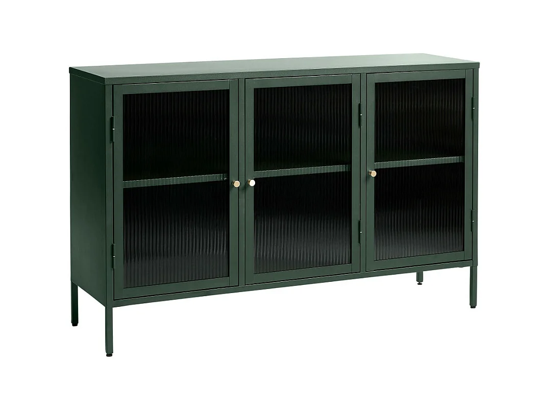 Bjorn - Buffet 3 portes en verre strié et métal L132cm : Couleur - Vert foncé