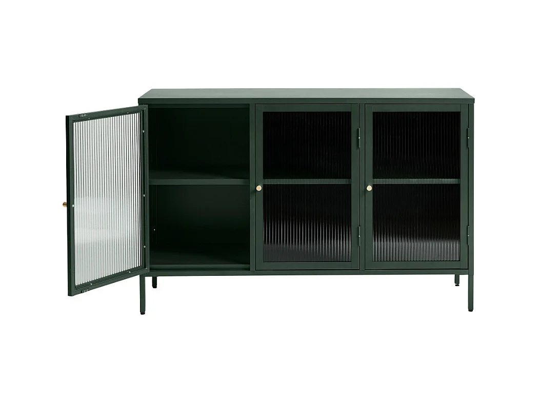 Bjorn - Buffet 3 portes en verre strié et métal L132cm : Couleur - Vert foncé