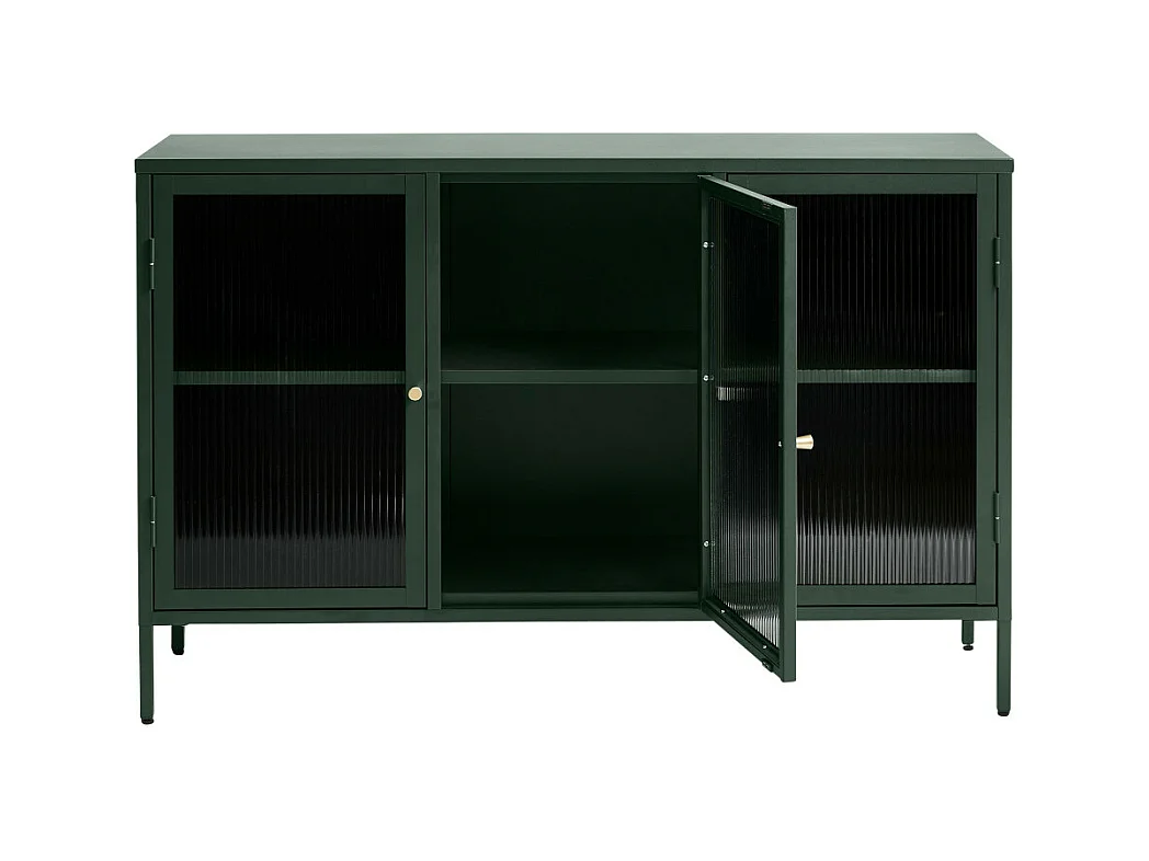 Bjorn - Buffet 3 portes en verre strié et métal L132cm : Couleur - Vert foncé