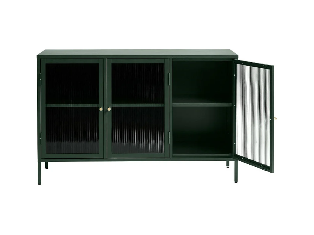 Bjorn - Buffet 3 portes en verre strié et métal L132cm : Couleur - Vert foncé