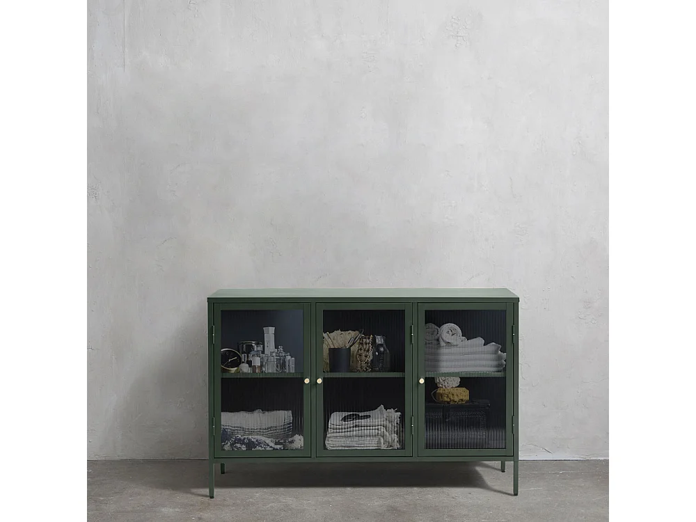 Bjorn - Buffet 3 portes en verre strié et métal L132cm : Couleur - Vert foncé