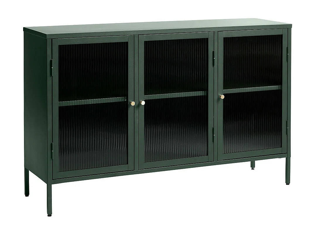 Bjorn - Buffet 3 portes en verre strié et métal L132cm : Couleur - Vert foncé