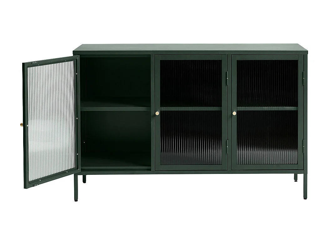 Bjorn - Buffet 3 portes en verre strié et métal L132cm : Couleur - Vert foncé
