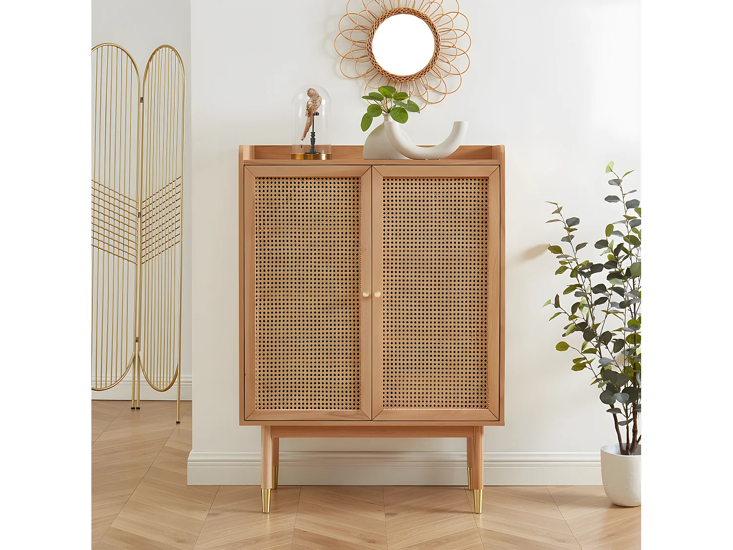 Bombong - Buffet haut 2 portes en bois et cannage L90cm - Bois clair