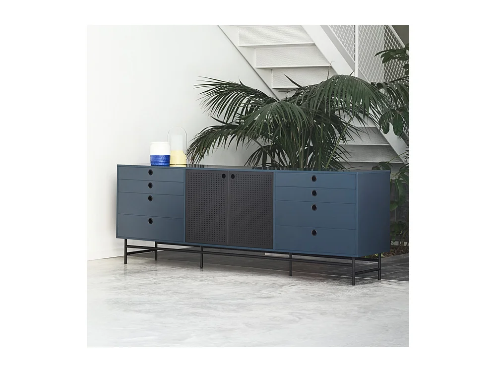 Punto - Buffet en bois 2 portes 8 tiroirs L212cm : Couleur - Bleu pétrole