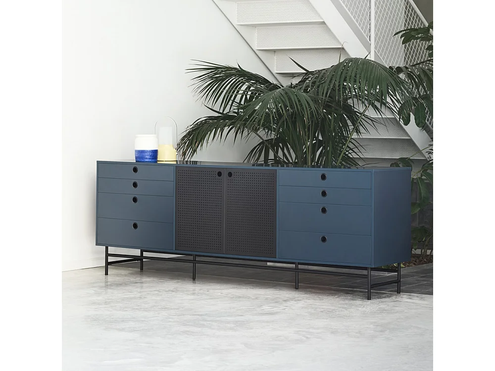 Punto - Buffet en bois 2 portes 8 tiroirs L212cm : Couleur - Bleu pétrole
