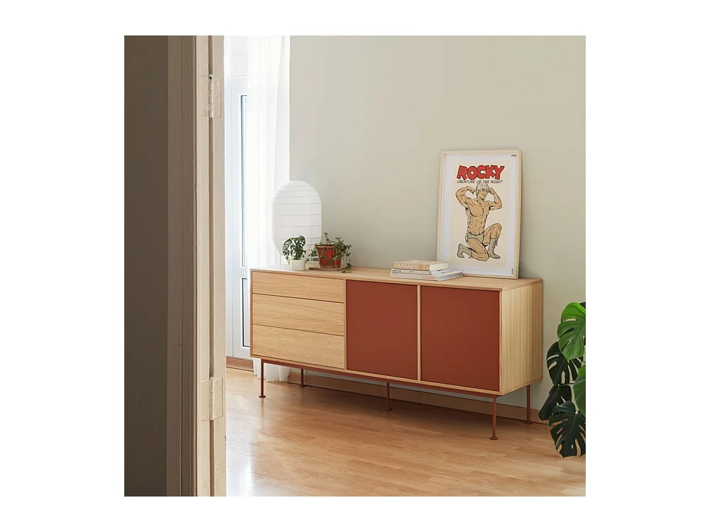 Yoko - Buffet 2 portes 3 tiroirs en bois L180cm : Couleur - Rouge brique