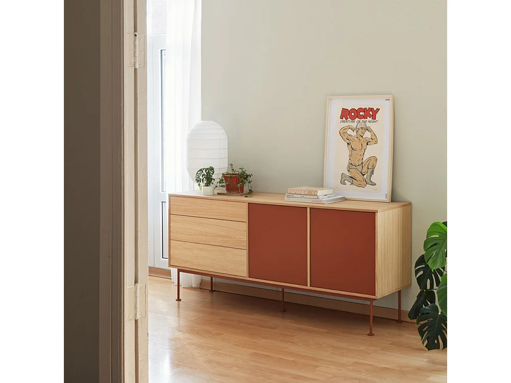 Yoko - Buffet 2 portes 3 tiroirs en bois L180cm : Couleur - Rouge brique