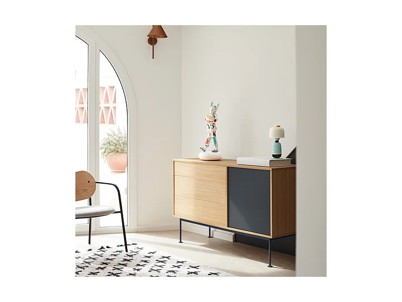 Yoko - Buffet 1 porte 3 tiroirs en bois L128cm : Couleur - Gris anthracite