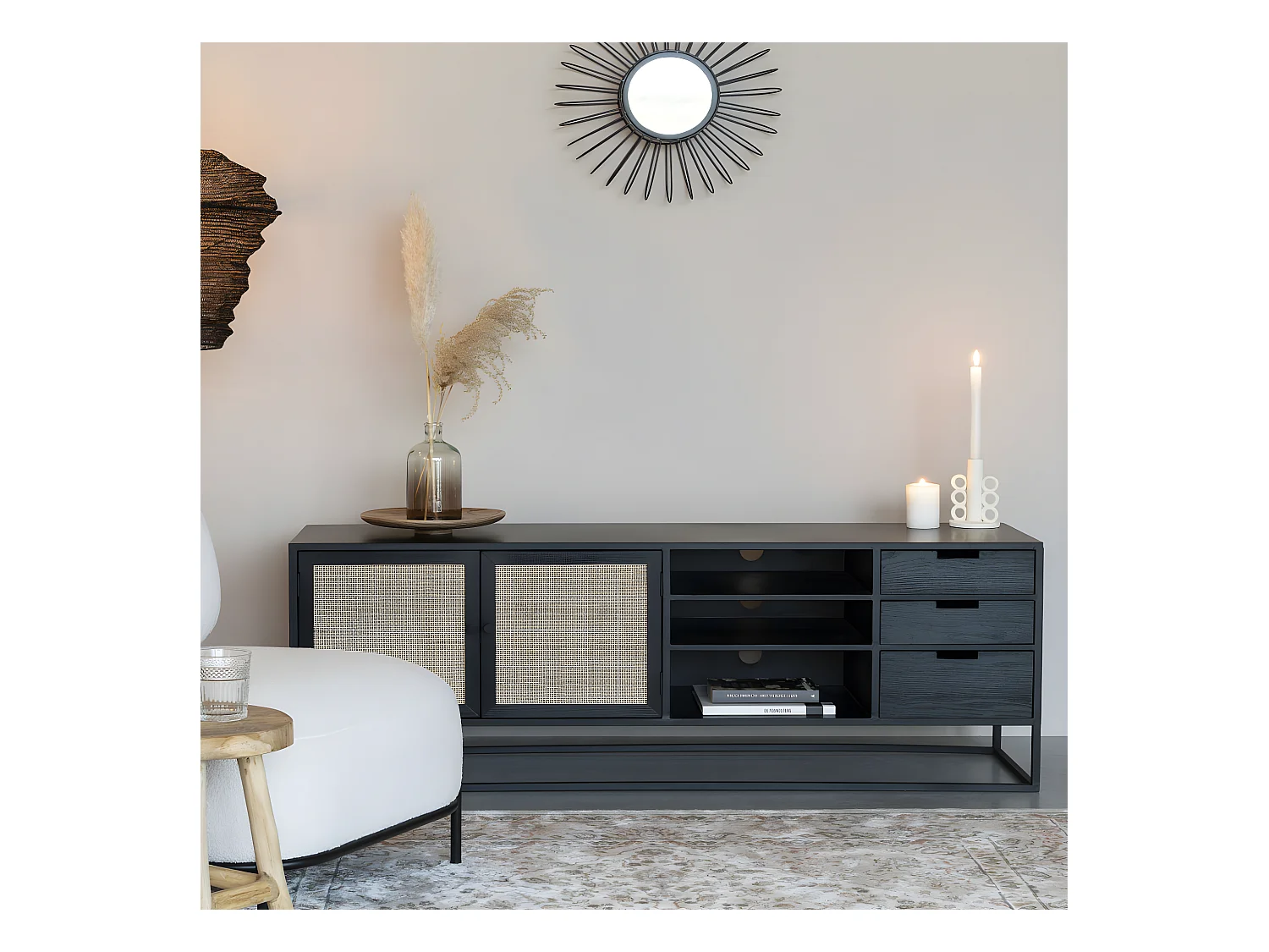 Guuji - Buffet 2 portes 3 tiroirs en bois et cannage L150cm - Couleur - Noir