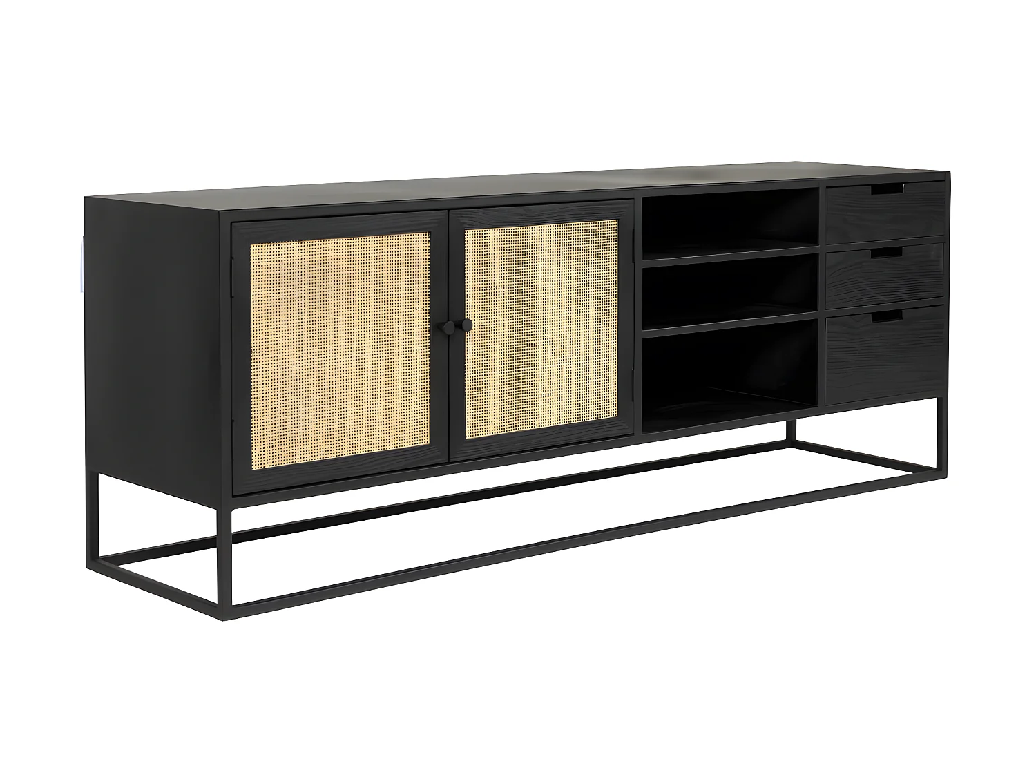 Guuji - Buffet 2 portes 3 tiroirs en bois et cannage L150cm - Couleur - Noir