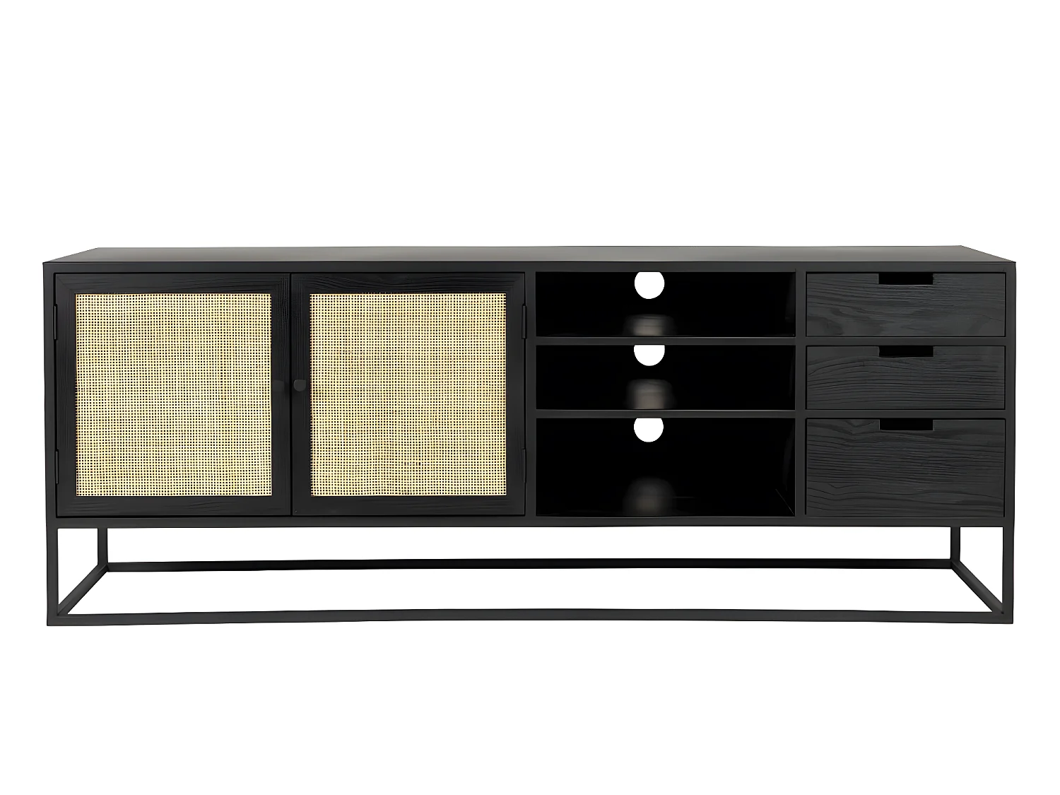 Guuji - Buffet 2 portes 3 tiroirs en bois et cannage L150cm - Couleur - Noir