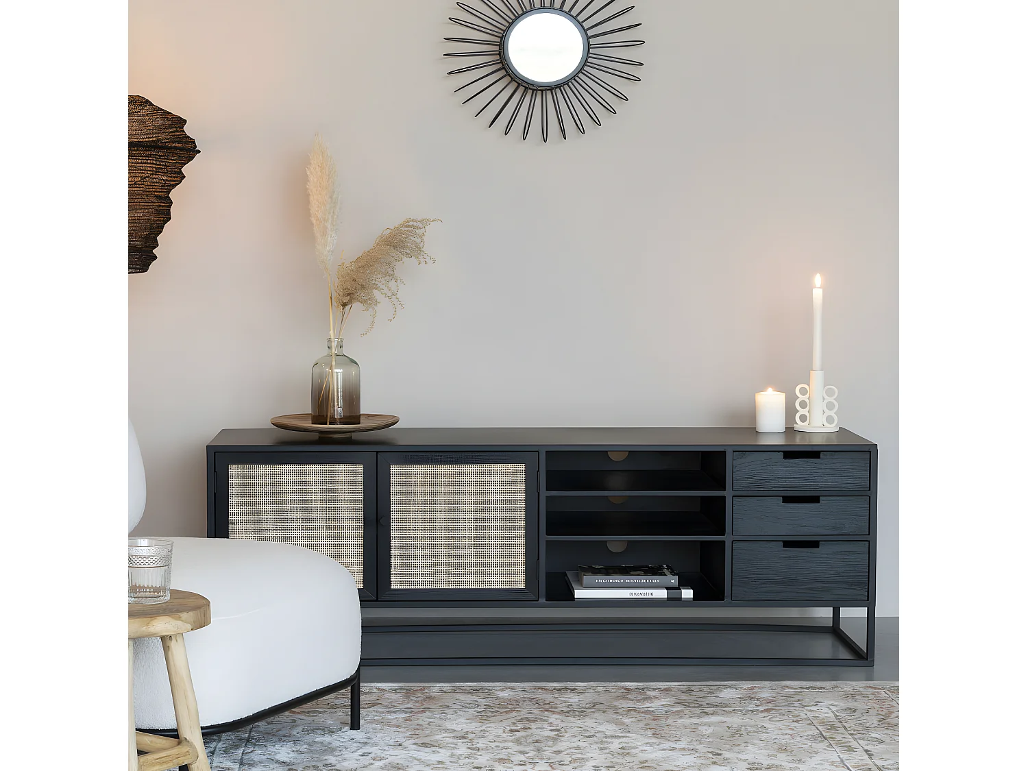 Guuji - Buffet 2 portes 3 tiroirs en bois et cannage L150cm - Couleur - Noir