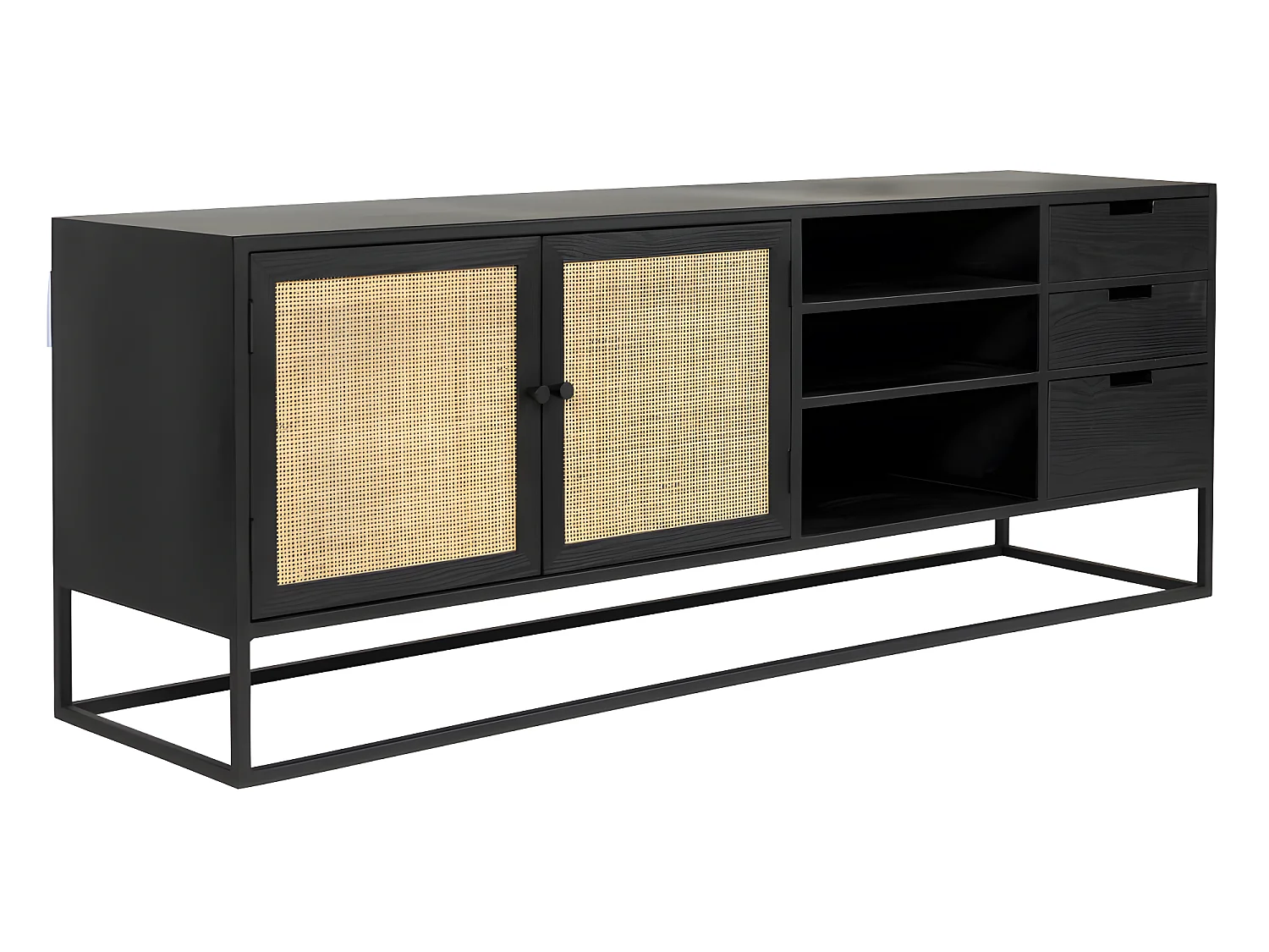 Guuji - Buffet 2 portes 3 tiroirs en bois et cannage L150cm - Couleur - Noir