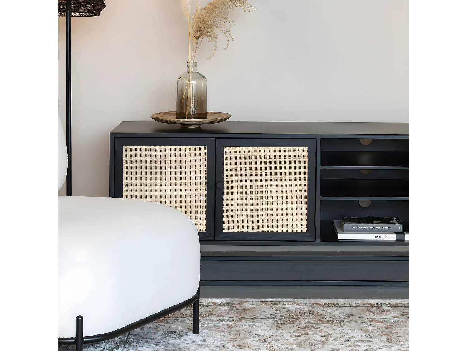 Guuji - Buffet 2 portes 3 tiroirs en bois et cannage L150cm - Couleur - Noir