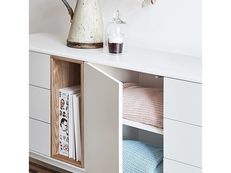 Corvo - Buffet 1 porte 6 tiroirs en bois L180cm : Couleur - Blanc