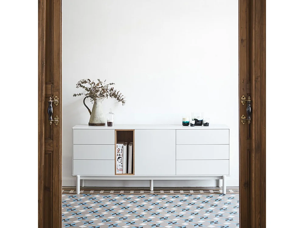 Corvo - Buffet 1 porte 6 tiroirs en bois L180cm : Couleur - Blanc