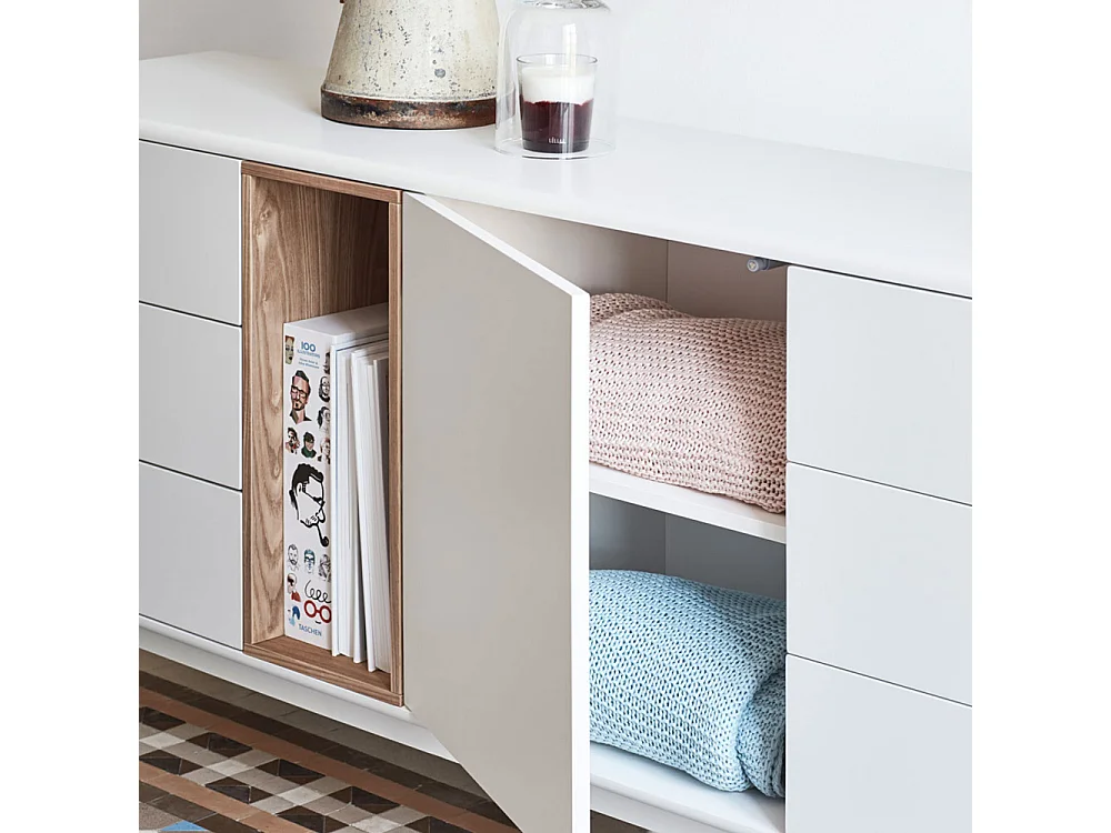 Corvo - Buffet 1 porte 6 tiroirs en bois L180cm : Couleur - Blanc