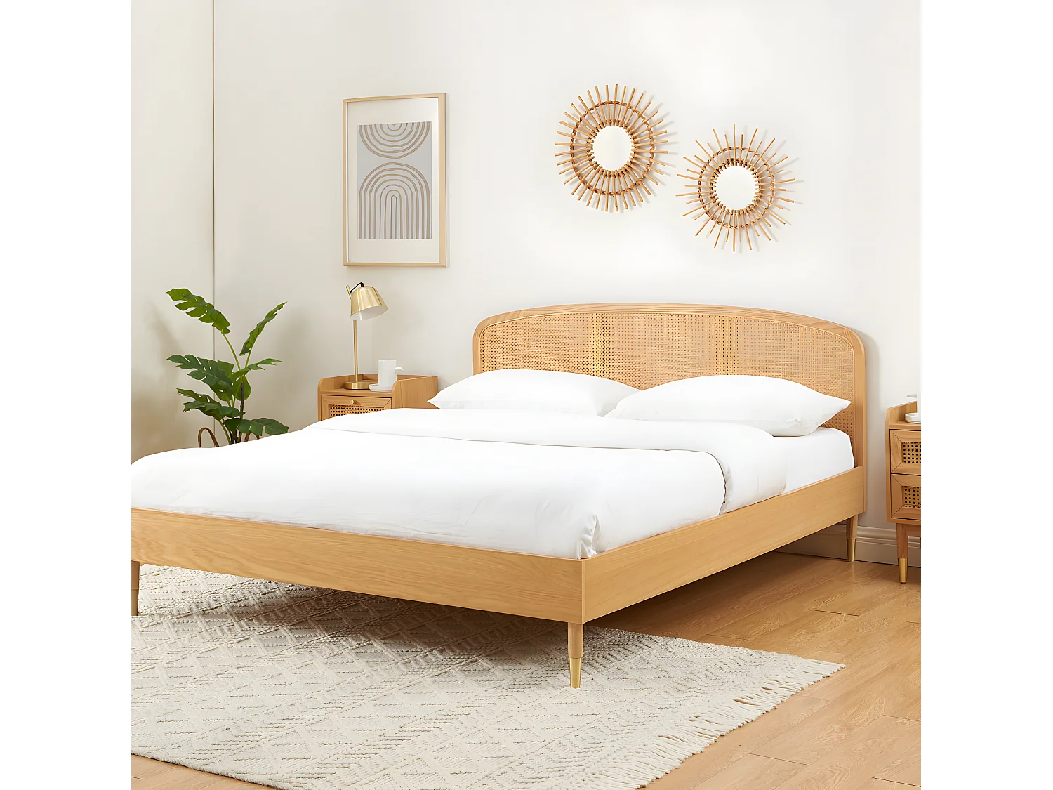 Bombong - Lit en bois et cannage 160x200cm - Bois clair