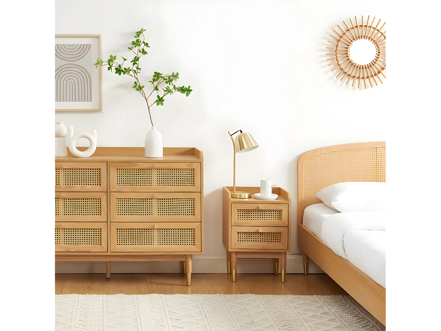 Bombong - Lit en bois et cannage 160x200cm - Bois clair