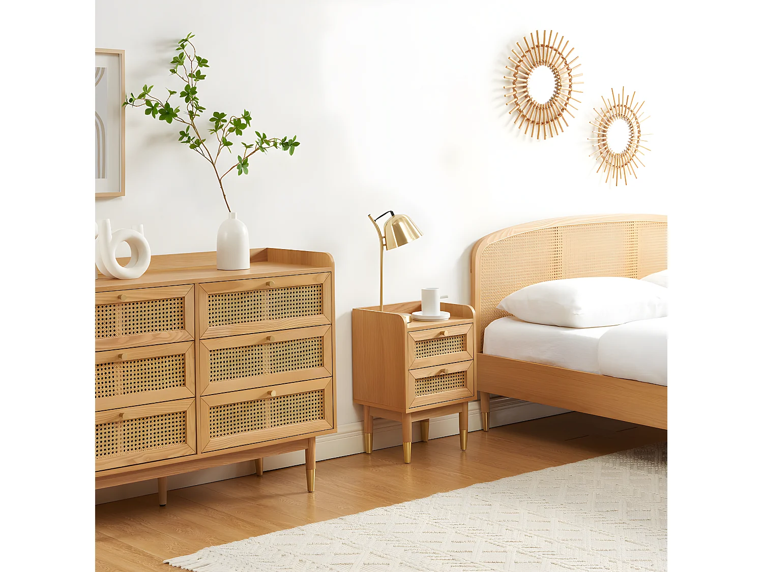 Bombong - Lit en bois et cannage 160x200cm - Bois clair