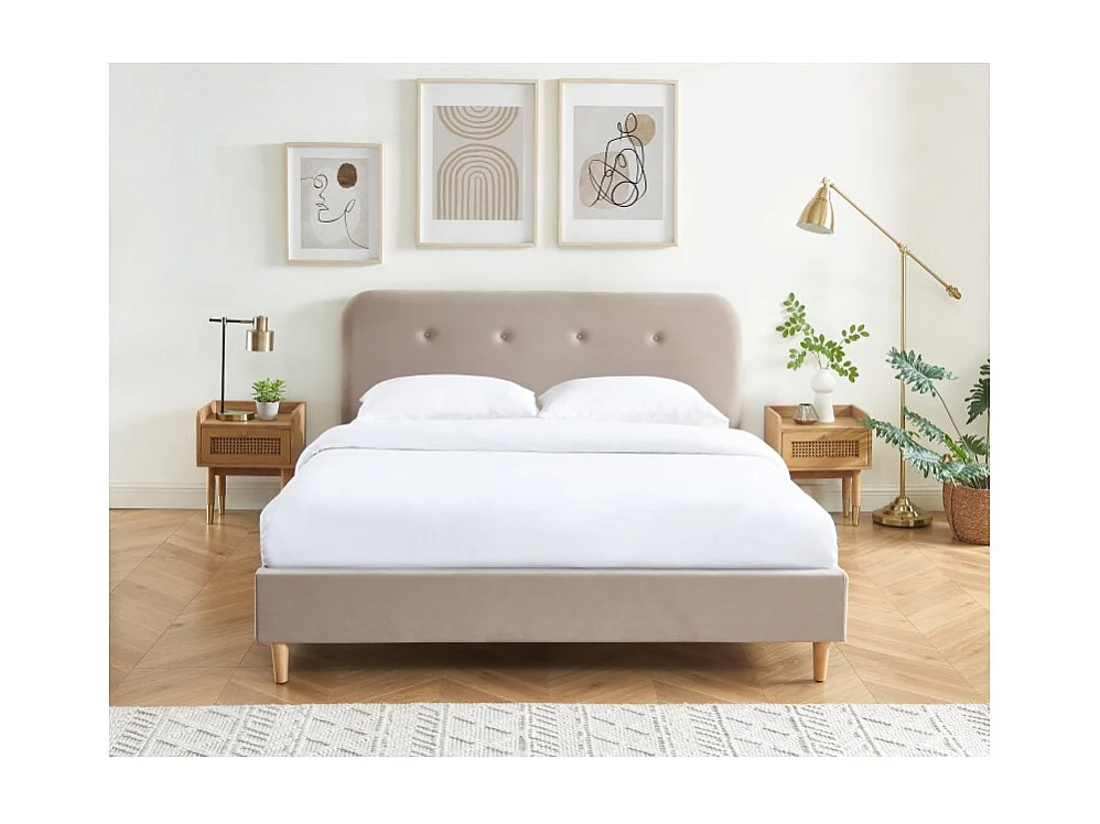Lit double KNUT velours beige sable 160x200 sommier inclus