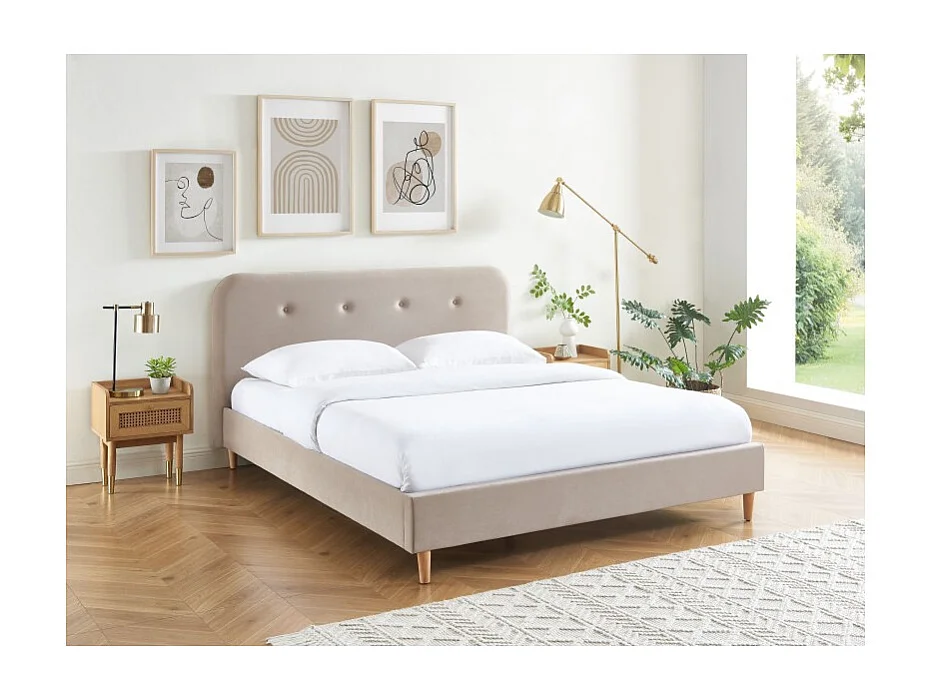 Lit double KNUT velours beige sable 160x200 sommier inclus