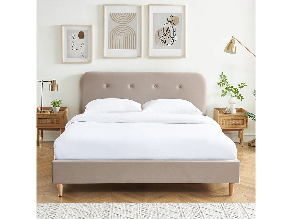Lit double KNUT velours beige sable 160x200 sommier inclus