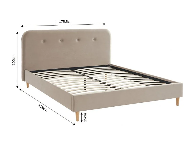 Lit double KNUT velours beige sable 160x200 sommier inclus