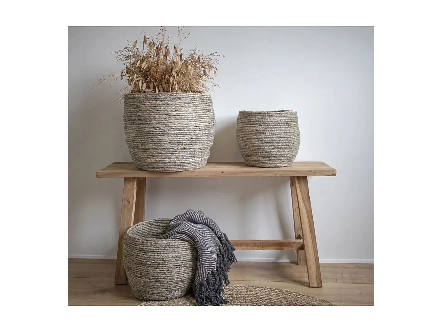 Lot de 3 paniers en feuilles de maïs TIVOLI – Gris naturel