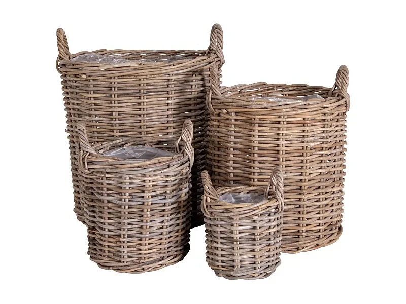 4 ronde rotan manden met handgrepen en kunststof gecoate binnenkant
