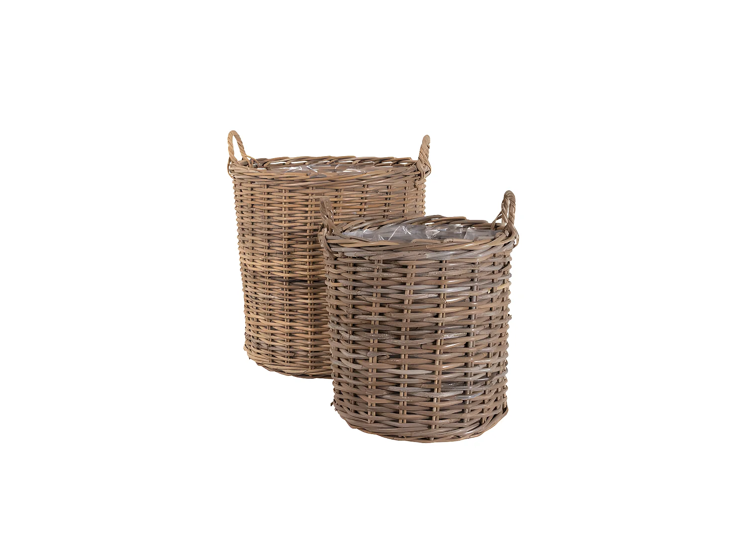 2 ronde rotan manden met handgrepen en kunststof gecoate binnenkant