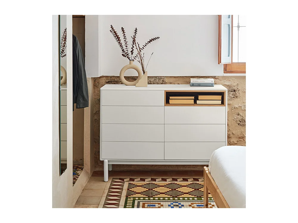 Corvo - Commode 7 tiroirs 1 niche en bois L120xH90cm - Blanc