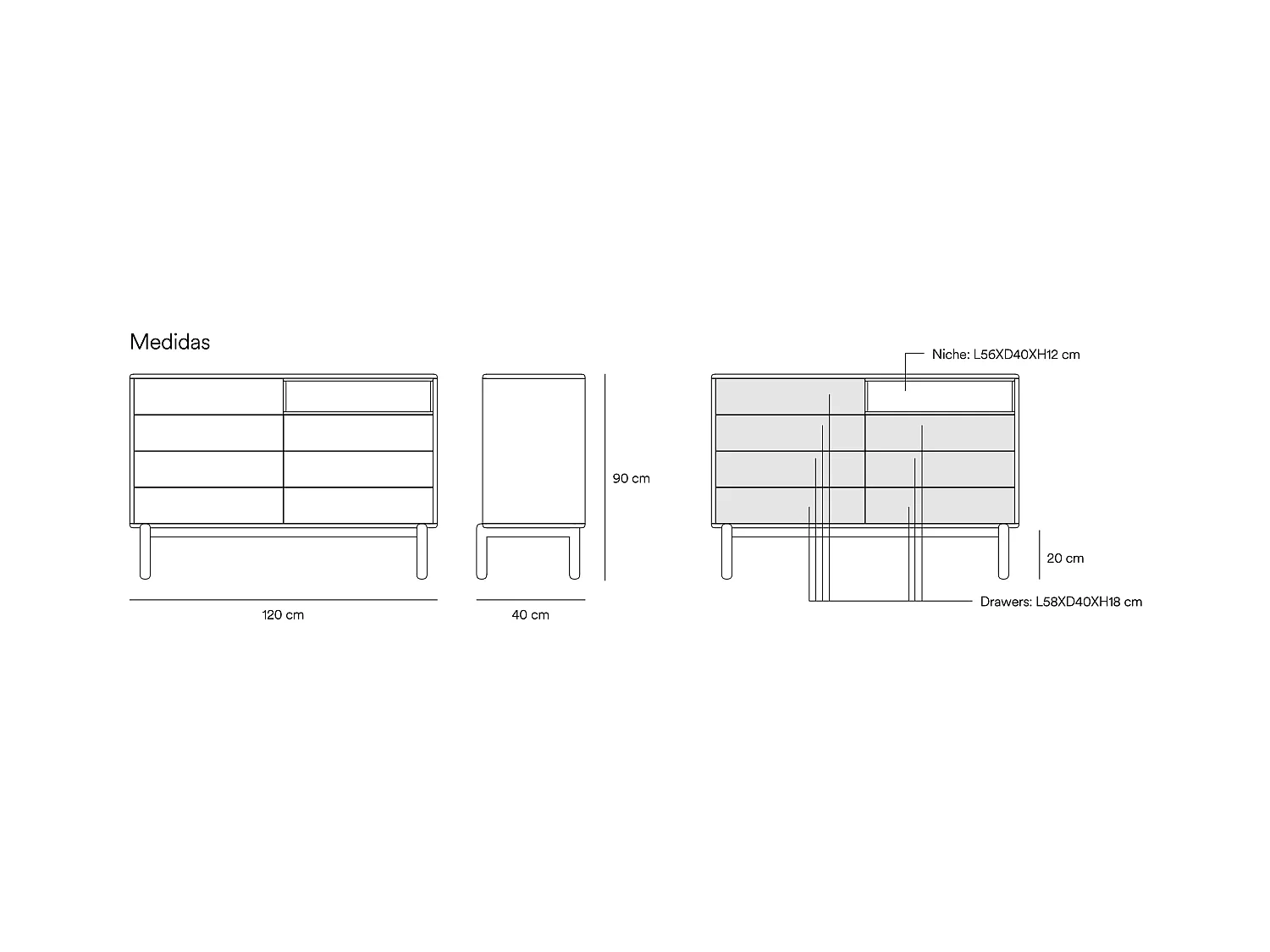 Corvo - Commode 7 tiroirs 1 niche en bois L120xH90cm - Blanc