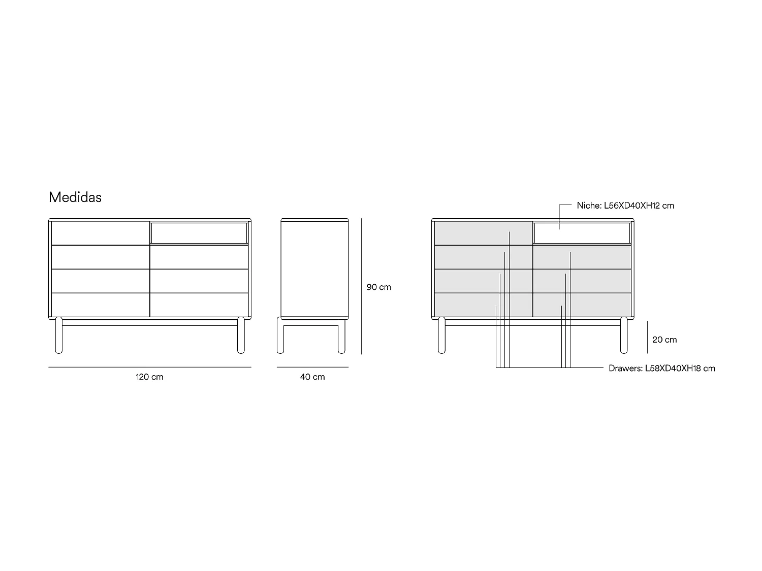 Cômoda creme 7 gavetas 120x40 cm