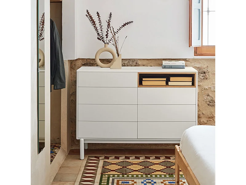 Corvo - Commode 7 tiroirs 1 niche en bois L120xH90cm - Blanc
