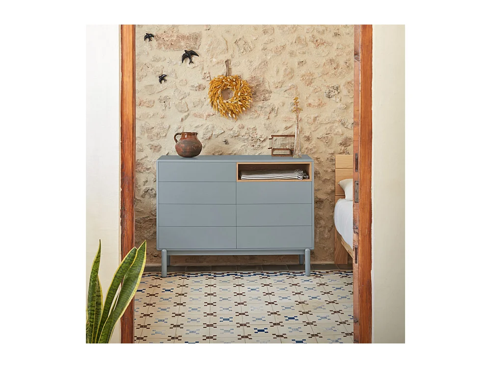 Corvo - Commode 7 tiroirs 1 niche en bois L120xH90cm - Gris clair