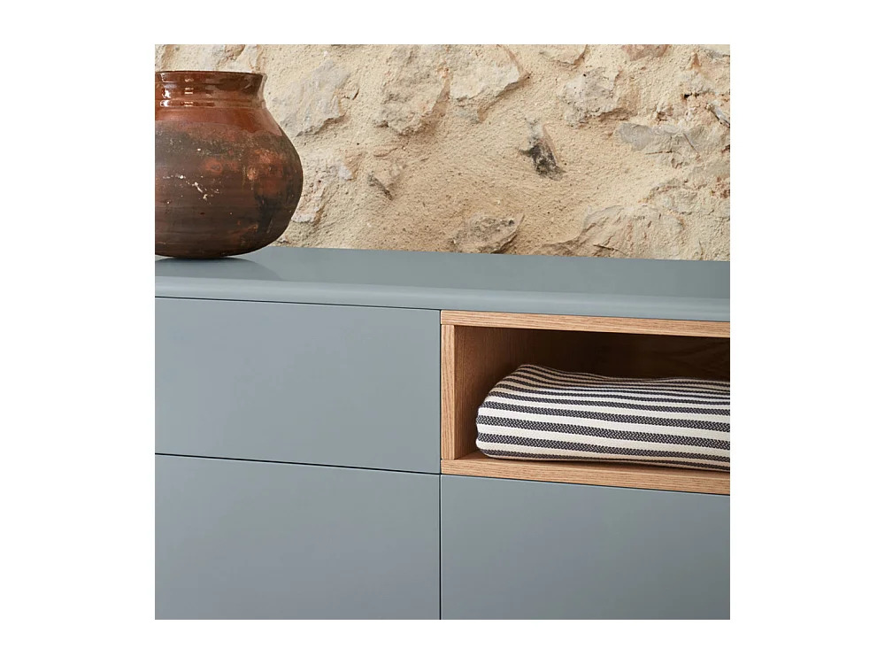 Corvo - Commode 7 tiroirs 1 niche en bois L120xH90cm - Gris clair