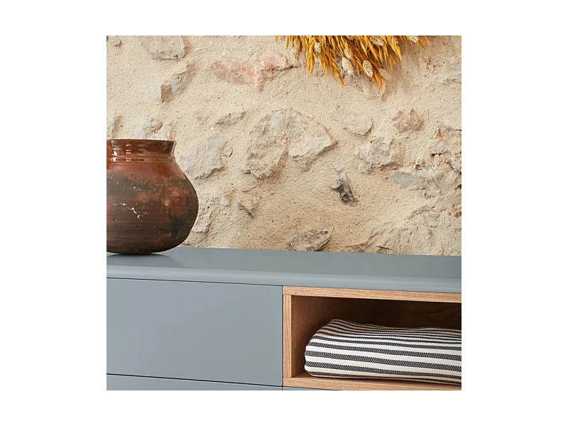 Corvo - Commode 7 tiroirs 1 niche en bois L120xH90cm - Gris clair