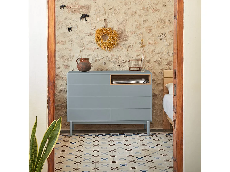 Cômoda cinza pérola 7 gavetas 120x40 cm