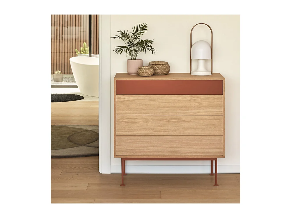 Yoko - Commode 4 tiroirs en bois L90xH45cm - Rouge brique